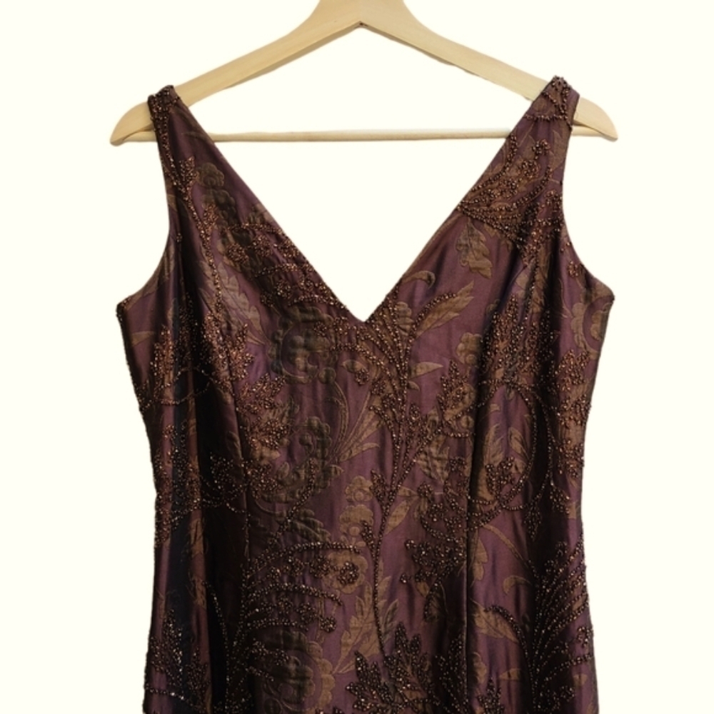 Carmen Marc Valvo Signature Beaded A-line Gown Brown Gold Gatsby Formal Medium